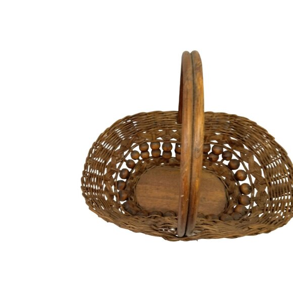 Large Vintage Willow Wicker Wood Bead Basket Handmade Rattan 16 inch - Picture 4 of 9